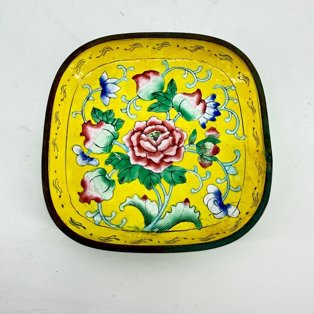 Cloisonne Enamel Trinket Dish Unisex 4in Yellow Pink Peony Floral‎ Tray